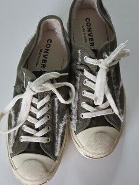 Converse Jack Purcell Olive Green Faux Fur Frayed Distressed Suede Sneakers 7